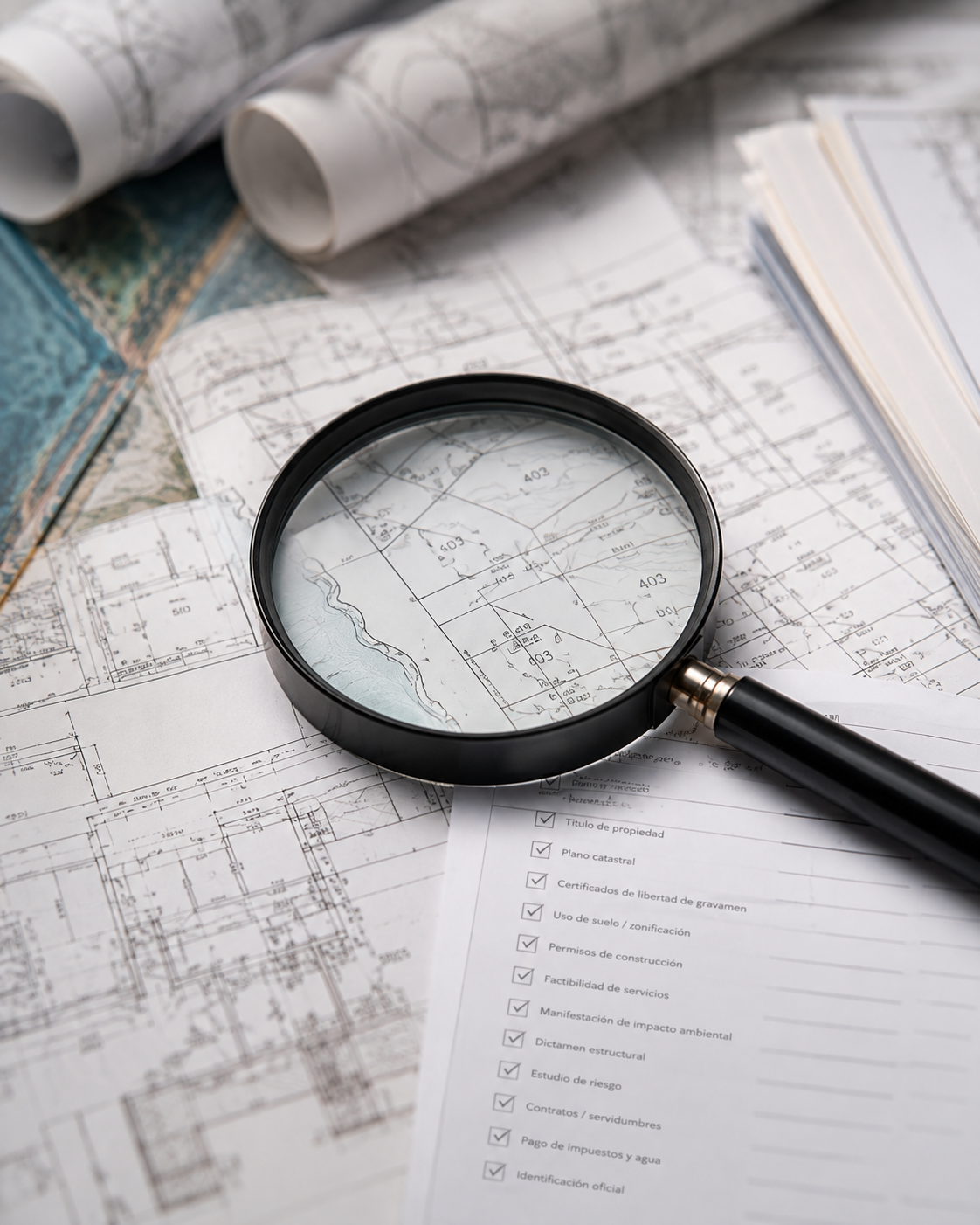 Magnifying glass over cadastral plans