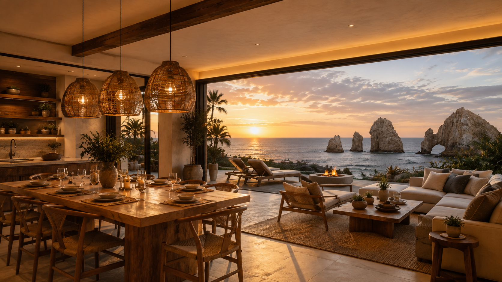 Evening firepit terrace overlooking the Baja coastline