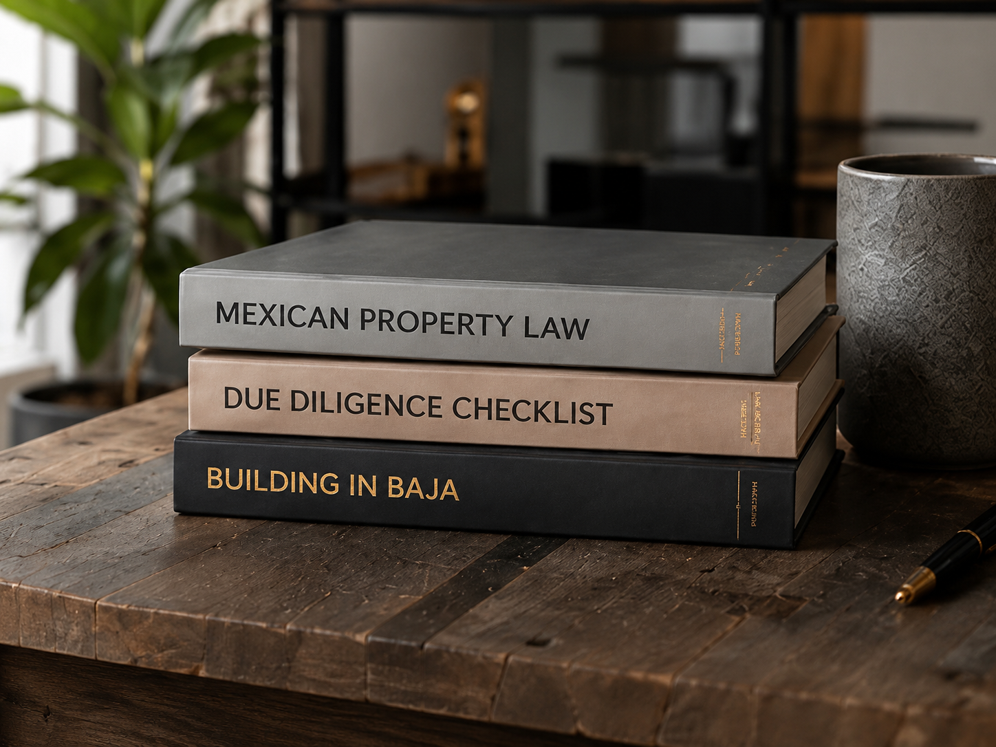 Stacked reference books on Mexican property law and due diligence