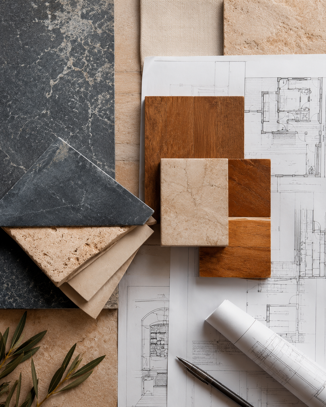 Architectural plans with material samples